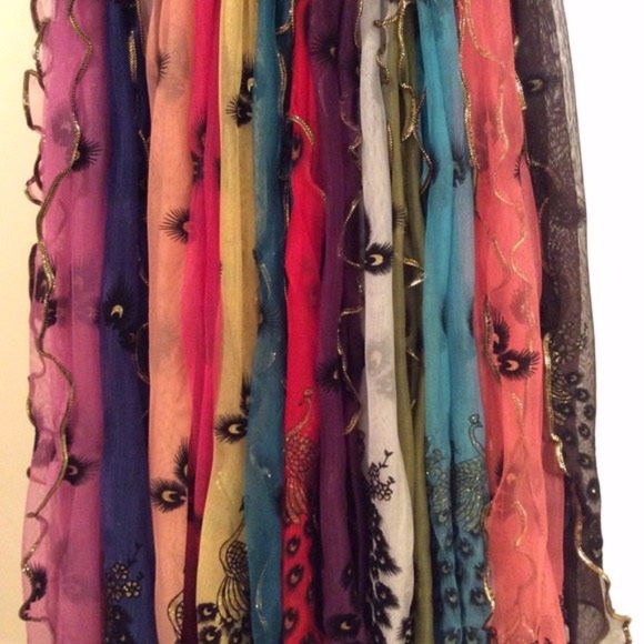 🎀 PEACOCK EMBROIDERED SCARF LONG WRAP BOHO CHIC PRETTY PINK VINTAGE DESIGNER - Picture 5 of 8